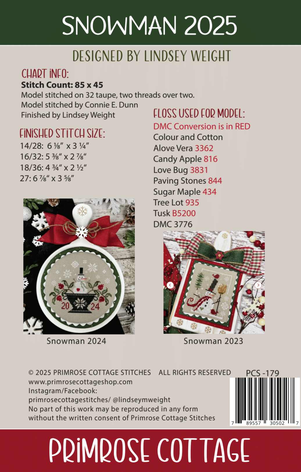 Primrose Cottage Stitches Snowman 2025 PCS-179